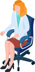 Businesswoman sitting in an office chair, wearing a suit and skirt. Professional female in corporate attire, isolated on white background. Career woman, office space vector illustration.