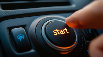 Closeup of a hand pressing the ignition button of a car