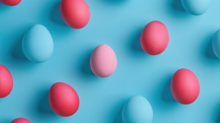  a group of pink and blue eggs laying next to each other on a blue surface with a pattern of red and blue eggs.