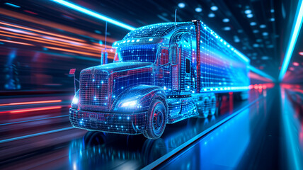 Closeup of an american truck wireframe on a futuristic background