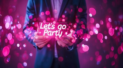 Happy man holding  let s go party  sign with blurred city background   perfect for party concept.