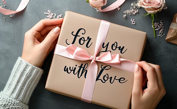 First person top view photo of female hands tying pink peach fuzz ribbon bow on craft paper giftbox with text for you with love