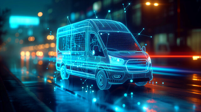 Blue wireframe van running down a street in the city