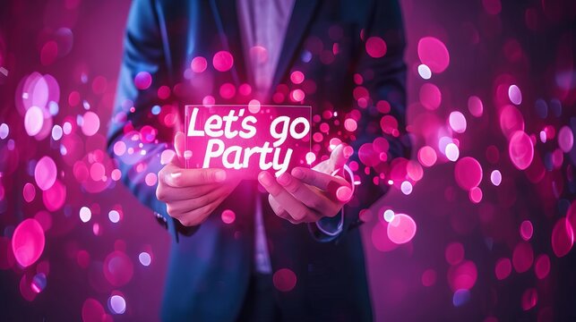 Happy man holding  let s go party  sign with blurred city background   perfect for party concept.