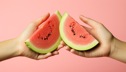 A juicy watermelon slice, a refreshing summer snack generated by AI - obrazy, fototapety, plakaty