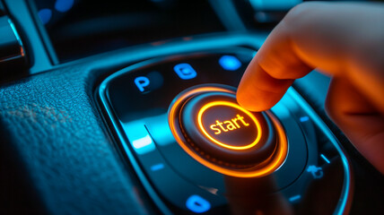 Closeup on a hand pressing the ignition button of a modern car