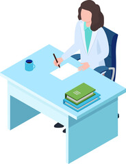Female professional writing at desk in office setting. Businesswoman focused on paperwork with books and coffee. Workplace concentration vector illustration.