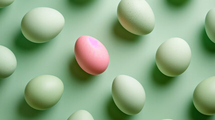  a pink and white egg among a group of white and green eggs on a light green background with copy space.