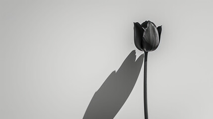  a black and white photo of a tulip with a long shadow on the side of the wall behind it.
