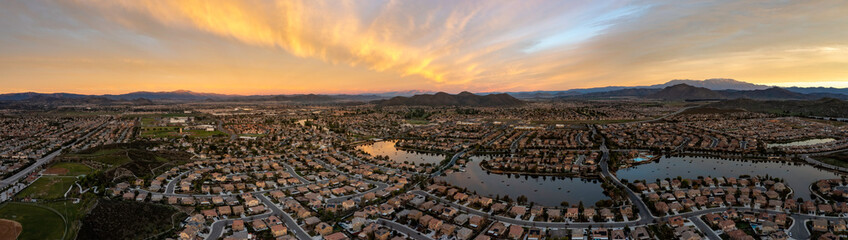 Sunrise in Menifee, California., USA. This is a 5 image aerial panoramic at 400' above ground level.
