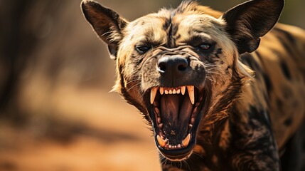 Intense close up portrait of a fierce and untamed wild dog howling in the wilderness