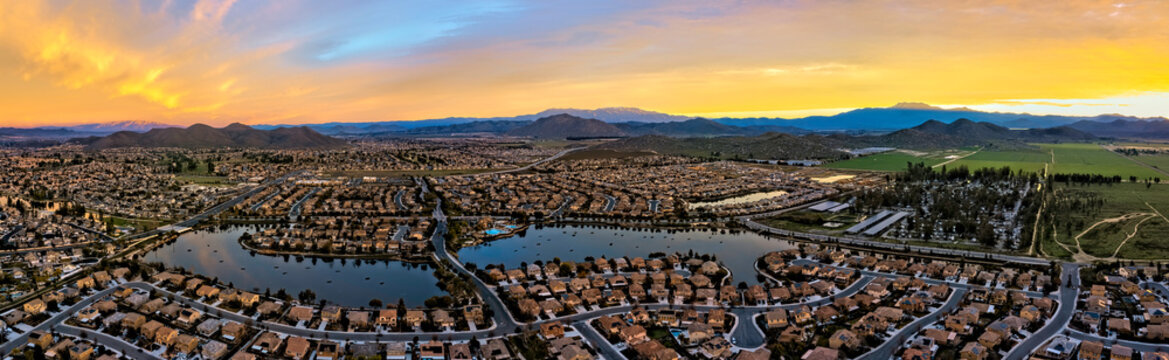 Sunrise in Menifee, California., USA. This is a 5 image aerial panoramic at 400' above ground level.