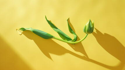  a couple of green flowers sitting on top of a yellow table next to a shadow of a person's hand.