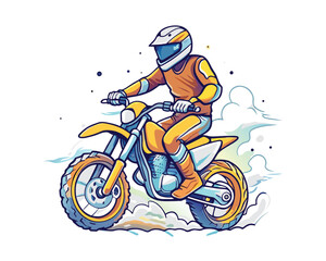 Man riding moto cross illustration for t-shirt, logo, poster, card, banner, emblem. Comic style.