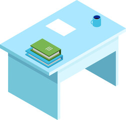 Isometric blue desk with a stack of books and a coffee mug. Modern office furniture with educational or work concept. Study and workplace environment vector illustration.