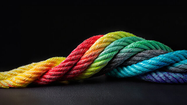 Intertwined rainbow colored rope, concept of strength and connection