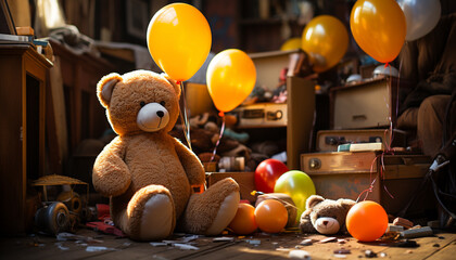 Cute teddy bear brings joy to birthday party generated by AI - obrazy, fototapety, plakaty