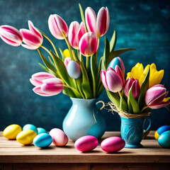 colorful Easter eggs on a wooden table
