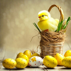 a chick in a wicker basket and yellow Easter eggs on a wooden table
