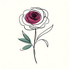 One-line art style graceful form of a rose,magenta and cool mint colours.
