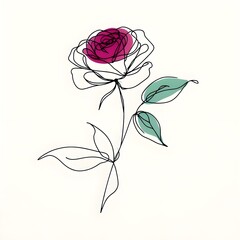 One-line art style graceful form of a rose,magenta and cool mint colours. 