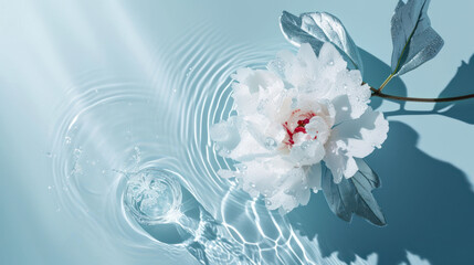  a white flower with a red center is floating in a body of water with ripples on the water surface.