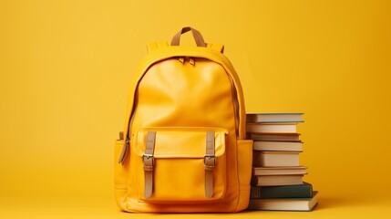 Cheerful back to school concept  vibrant backpack with books on yellow background