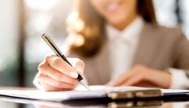 Frau unterschreibt Vertag in Pastellt&ouml;nen 