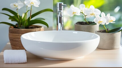 Obraz na płótnie Canvas Elegant and modern bathroom interior with pristine white sink and sleek, chrome finished faucet