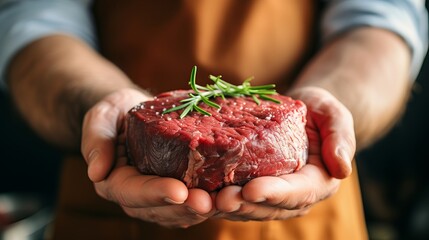 Experienced butcher in white apron skillfully holding a large, succulent, and marbled raw beef steak - obrazy, fototapety, plakaty