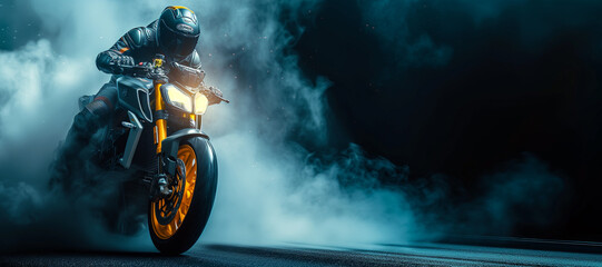 A motorcycle in the dark with smoke, banner