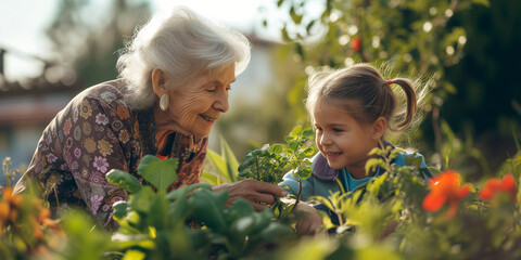 Grandma and her grandchild planting at the garden and the lady teach her grandchild for gardening...