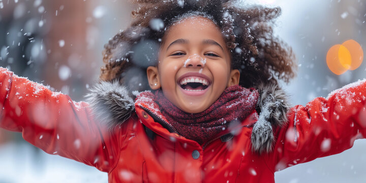 a really happy black little girl enjoy the snowfalling in winter and playing with the snowflakes
