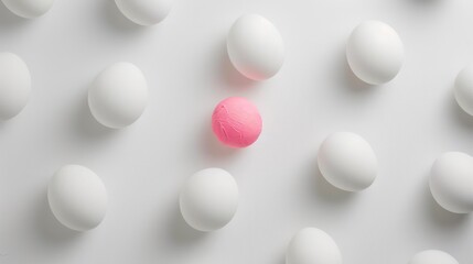  a group of white and pink eggs with one pink egg in the middle of the group on a white surface.