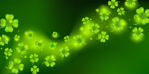 Wallpaper with lucky clover leaves in realistic style.  Beautiful artwork with gradient mesh. - obrazy, fototapety, plakaty