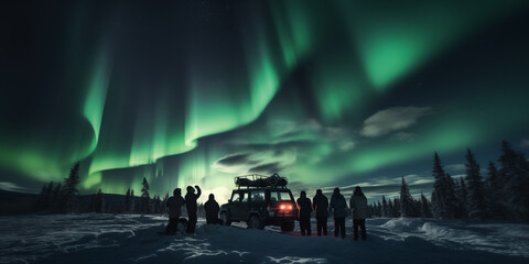 A group of tourist are watching the northern light aurora borealis at a northern light guided tour with bus