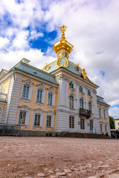 St. Petersburg, Russia - August 23, 2023: Fountains of Peterhof. View of Museum Special Pantry, western wing of Great Peterhof Palace