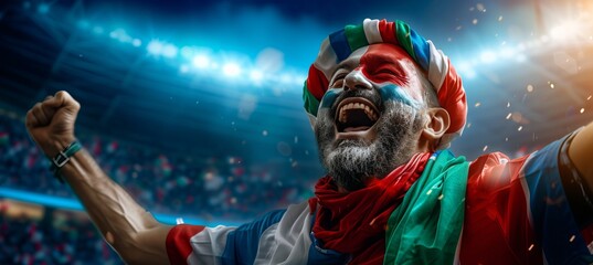 Italian fan with face paint cheering at sports event, blurry stadium background with text space