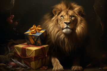 Brutal lion with luxurious mane sitting with gifts and looking at camera on dark background