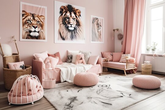In a roomy infant room with animal posters on the wall, a stylish pink couch with adorable pillows can be found