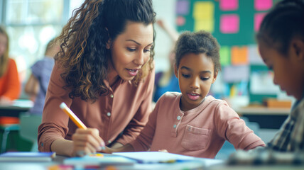 A dedicated teacher helps a young student with schoolwork in a vibrant classroom - obrazy, fototapety, plakaty