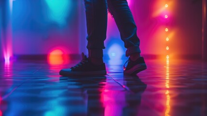 Silhouette of a person dancing in vibrant neon lights on a dance floor