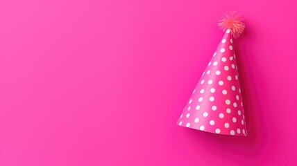 Bright pink party hat with polka dots isolated on a pink background