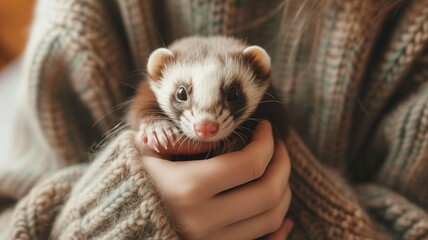 A close-up of a ferret snuggled in hands, portraying care and domestic animal