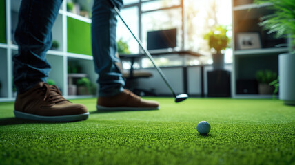 Person playing mini golf indoors, ball near hole. Leisure and sports concept - obrazy, fototapety, plakaty