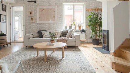 Modern living room interior with a cozy minimalist Scandinavian design.