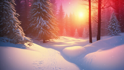 Enchanted Winter Sunset in Snowy Forest