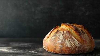 Freshly baked artisan bread on a dark, flour-dusted kitchen countertop