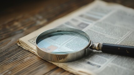 Close-up of a magnifying glass on a vintage newspaper, symbolizing investigation