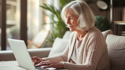 Senior woman using a laptop at home, comfortable setting.